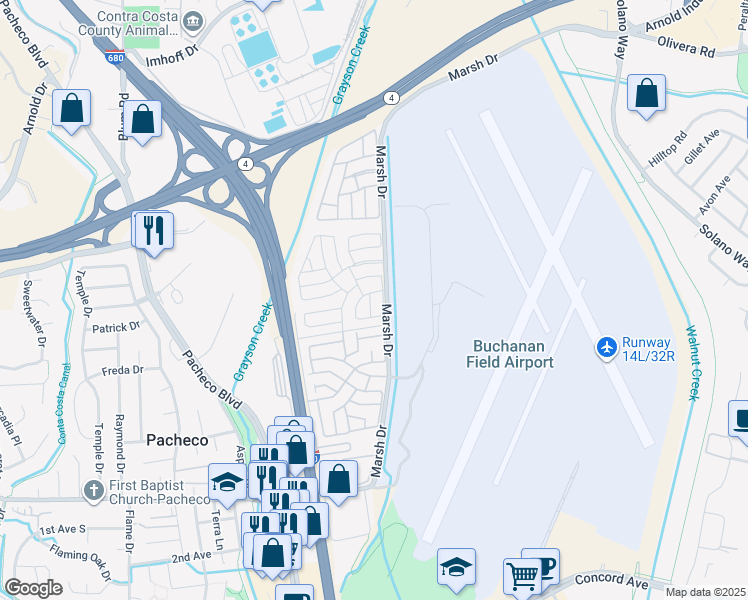 map of restaurants, bars, coffee shops, grocery stores, and more near 235 Hieber Drive in Pacheco