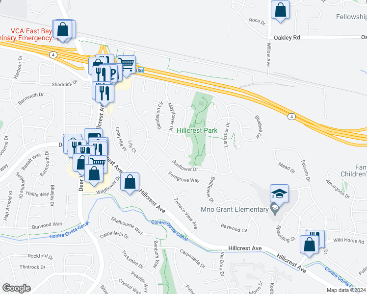 map of restaurants, bars, coffee shops, grocery stores, and more near 2940 Honeysuckle Circle in Antioch