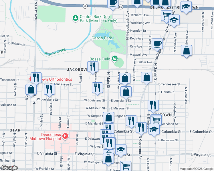 map of restaurants, bars, coffee shops, grocery stores, and more near 1404 North Main Street in Evansville