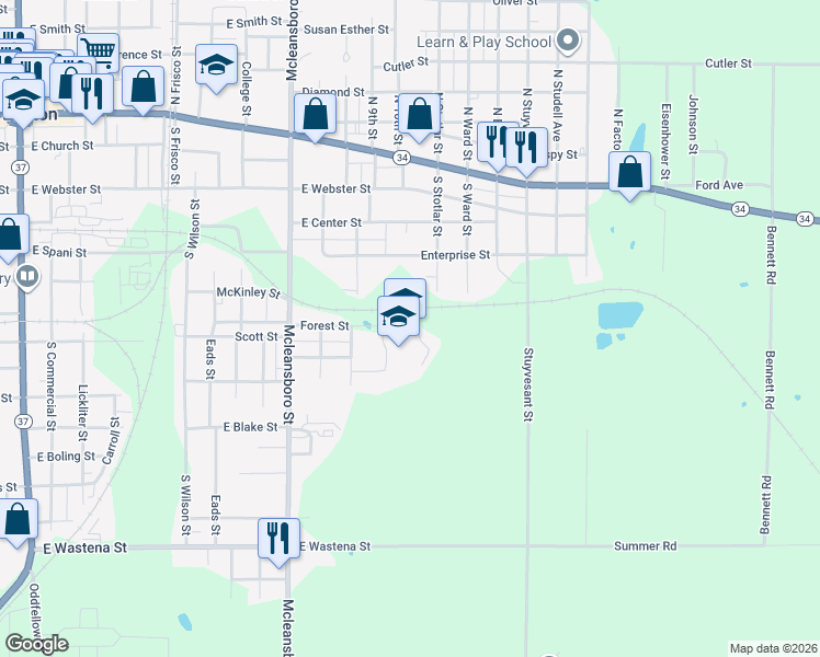 map of restaurants, bars, coffee shops, grocery stores, and more near 1000 Forest Street in Benton