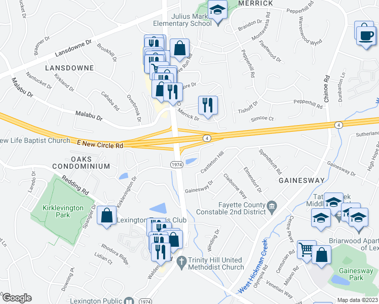 map of restaurants, bars, coffee shops, grocery stores, and more near 3417 Springlake Drive in Lexington