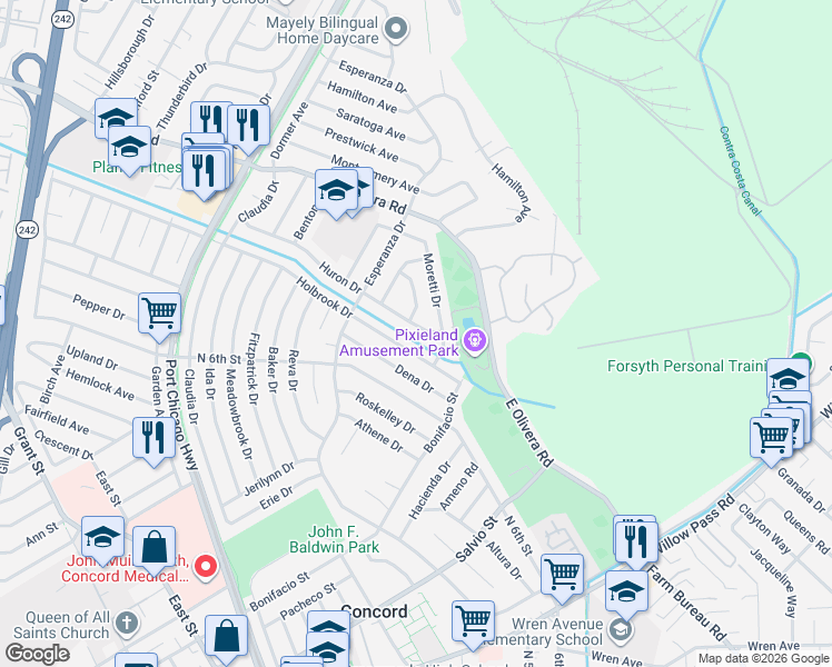 map of restaurants, bars, coffee shops, grocery stores, and more near 2149 Huron Drive in Concord