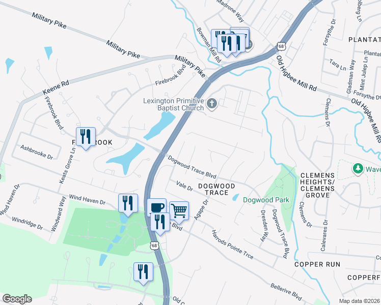 map of restaurants, bars, coffee shops, grocery stores, and more near 4709 Trace Court in Lexington