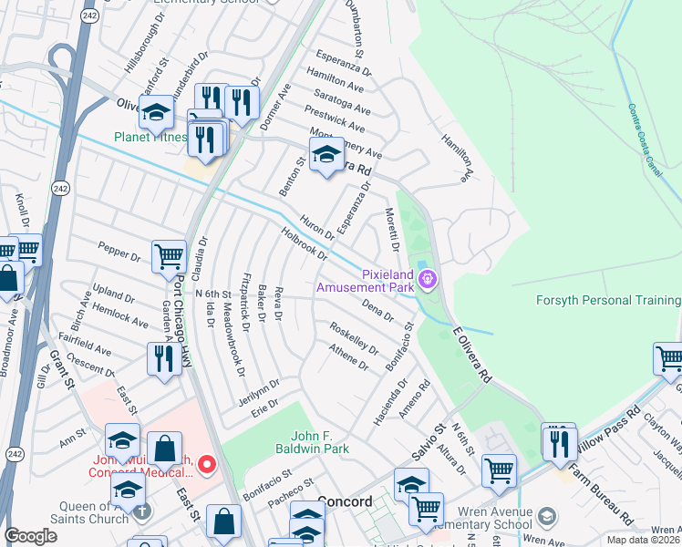 map of restaurants, bars, coffee shops, grocery stores, and more near 2165 Holbrook Drive in Concord