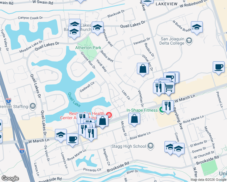 map of restaurants, bars, coffee shops, grocery stores, and more near 4976 Grouse Run Drive in Stockton