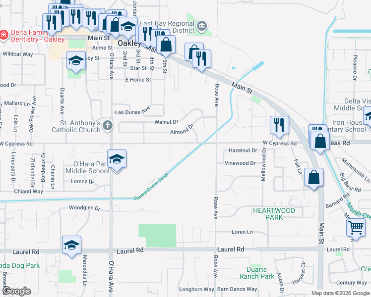 map of restaurants, bars, coffee shops, grocery stores, and more near 7th Street in Oakley