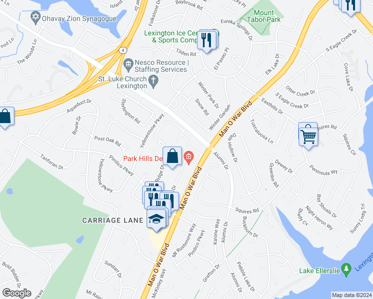 map of restaurants, bars, coffee shops, grocery stores, and more near 2800 Alumni Drive in Lexington
