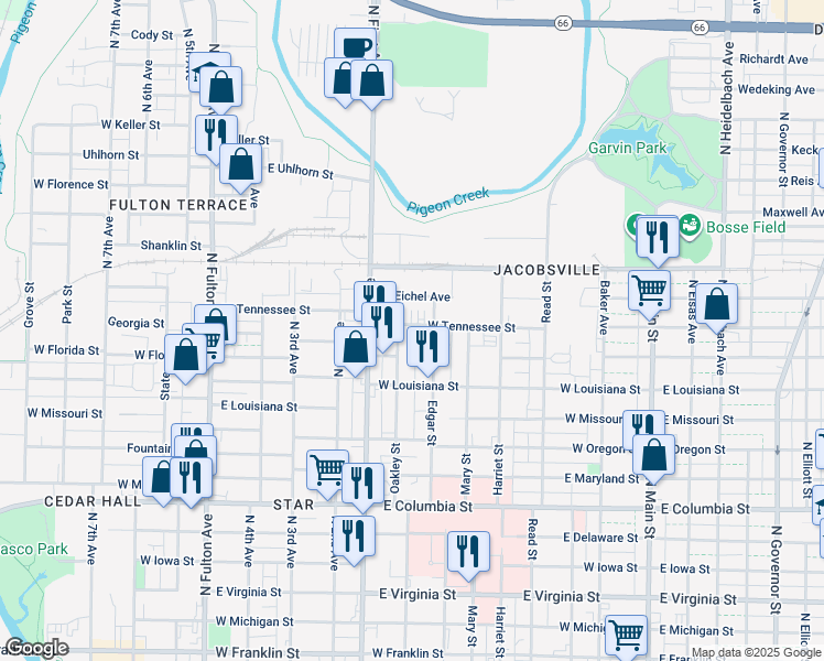 map of restaurants, bars, coffee shops, grocery stores, and more near 617 West Tennessee Street in Evansville