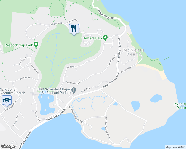 map of restaurants, bars, coffee shops, grocery stores, and more near San Marino Drive in San Rafael