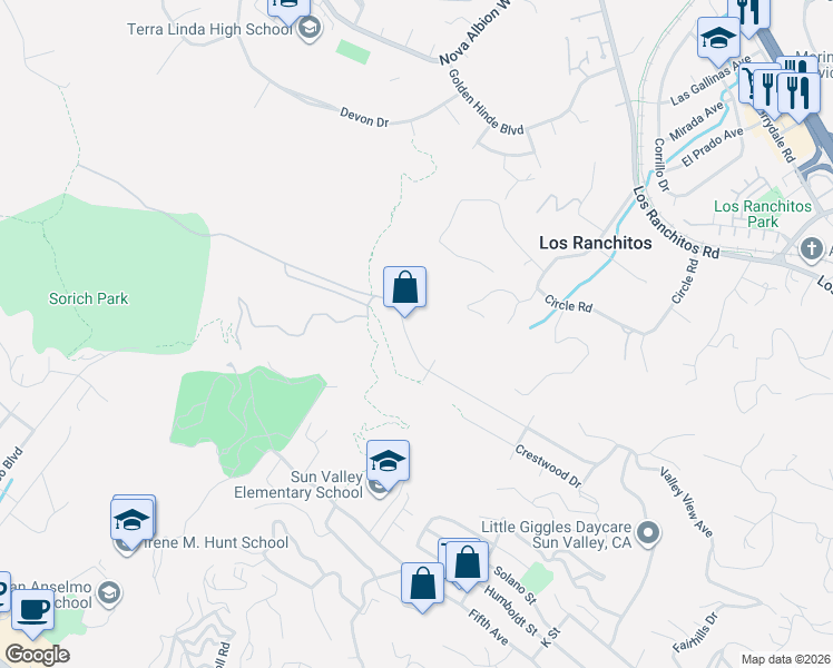 map of restaurants, bars, coffee shops, grocery stores, and more near 217 Ridgewood Drive in San Rafael