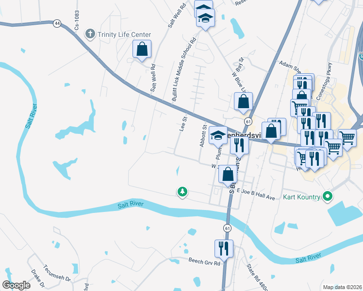 map of restaurants, bars, coffee shops, grocery stores, and more near 243 Lee Street in Shepherdsville