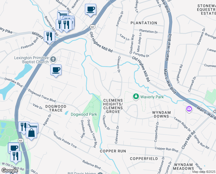 map of restaurants, bars, coffee shops, grocery stores, and more near 2045 Twain Ridge Drive in Lexington