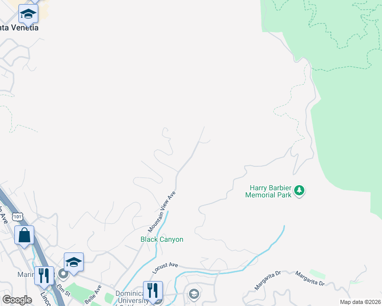 map of restaurants, bars, coffee shops, grocery stores, and more near 357 Mountain View Avenue in San Rafael