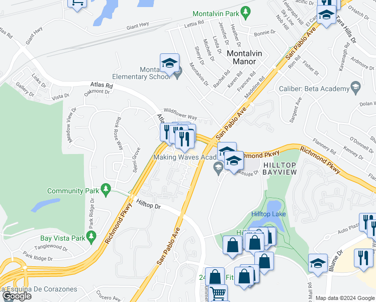 map of restaurants, bars, coffee shops, grocery stores, and more near 15521 San Pablo Avenue in Richmond