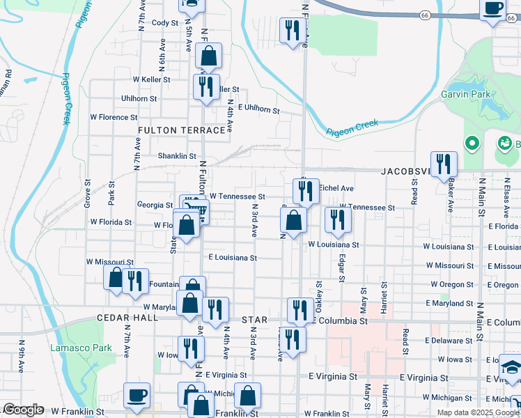 map of restaurants, bars, coffee shops, grocery stores, and more near 1323 North 3rd Avenue in Evansville
