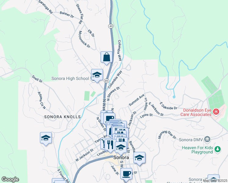 map of restaurants, bars, coffee shops, grocery stores, and more near 123 Wall Street in Sonora