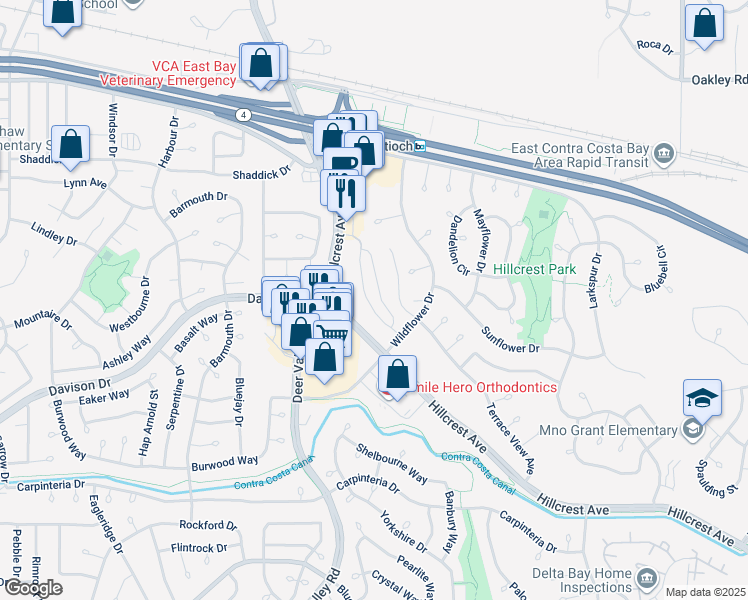 map of restaurants, bars, coffee shops, grocery stores, and more near 2600 Wildflower Station Place in Antioch