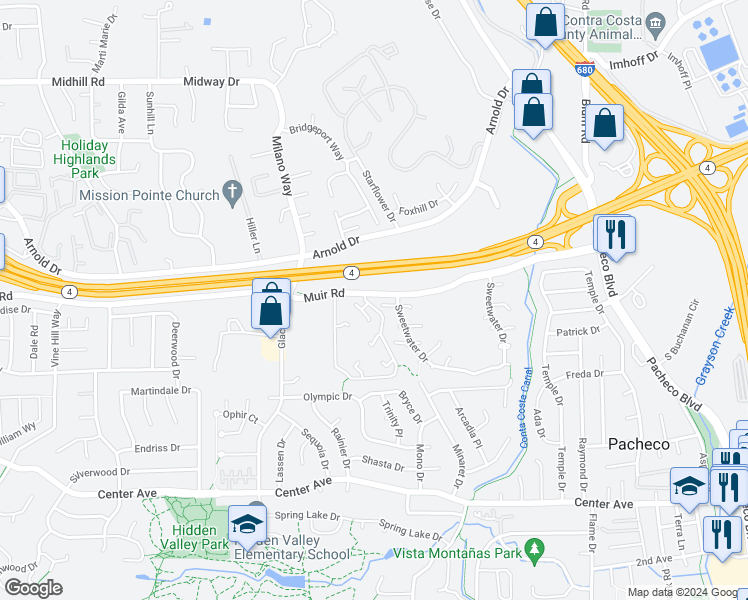 map of restaurants, bars, coffee shops, grocery stores, and more near 2127 Westward Place in Martinez