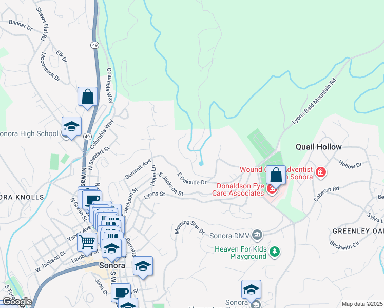 map of restaurants, bars, coffee shops, grocery stores, and more near 501 East Bald Mountain Road in Sonora