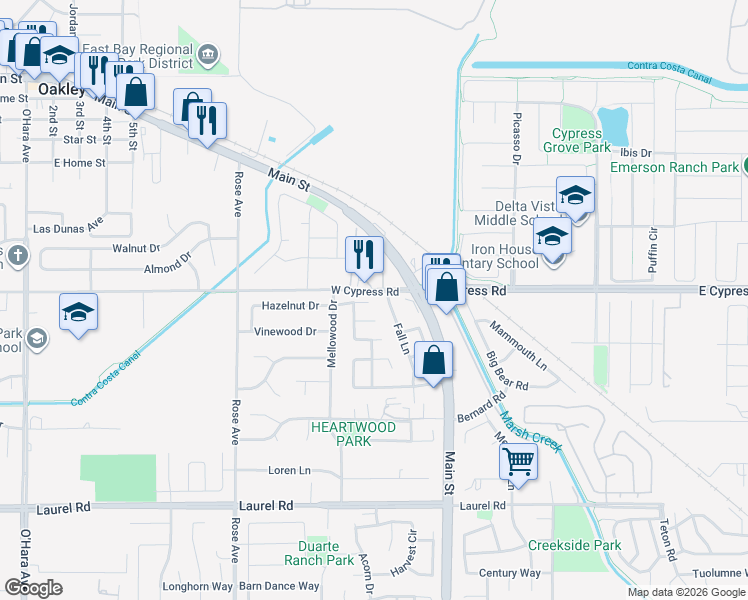 map of restaurants, bars, coffee shops, grocery stores, and more near 354 Hazelnut Lane in Oakley