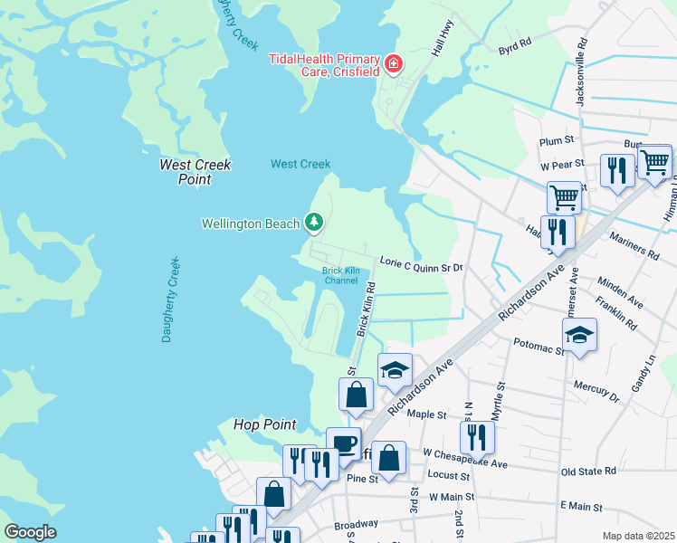 map of restaurants, bars, coffee shops, grocery stores, and more near 105 Waters Edge in Crisfield