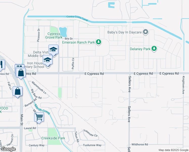map of restaurants, bars, coffee shops, grocery stores, and more near 645 Channel Circle in Oakley