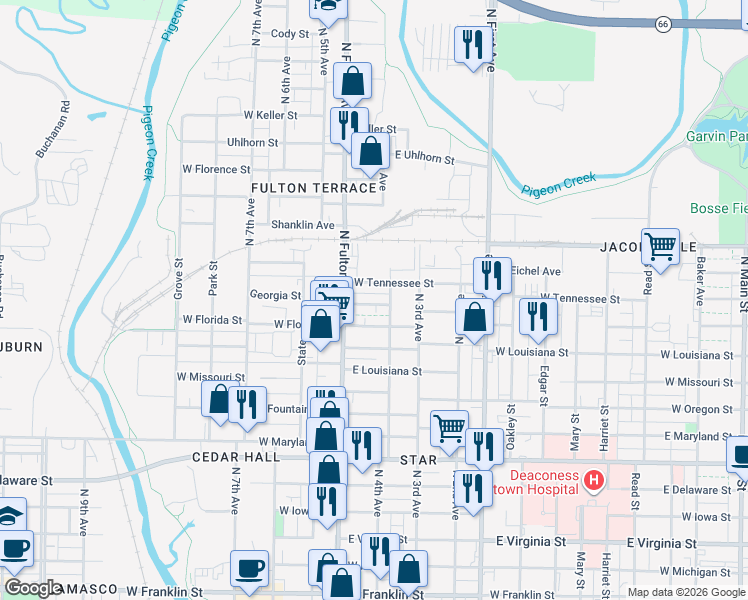 map of restaurants, bars, coffee shops, grocery stores, and more near 1358-1398 North 4th Avenue in Evansville
