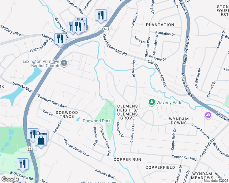 map of restaurants, bars, coffee shops, grocery stores, and more near 2045 Twain Ridge Drive in Lexington