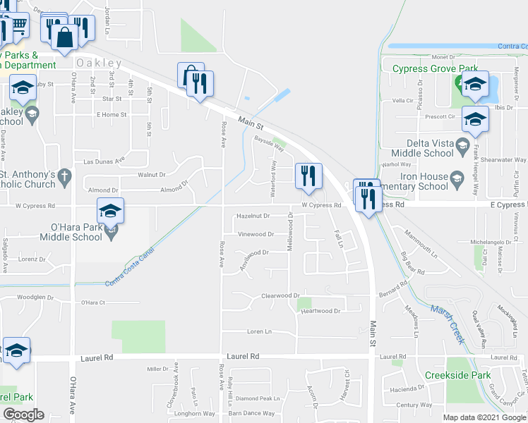map of restaurants, bars, coffee shops, grocery stores, and more near 420 Hazelnut Drive in Oakley