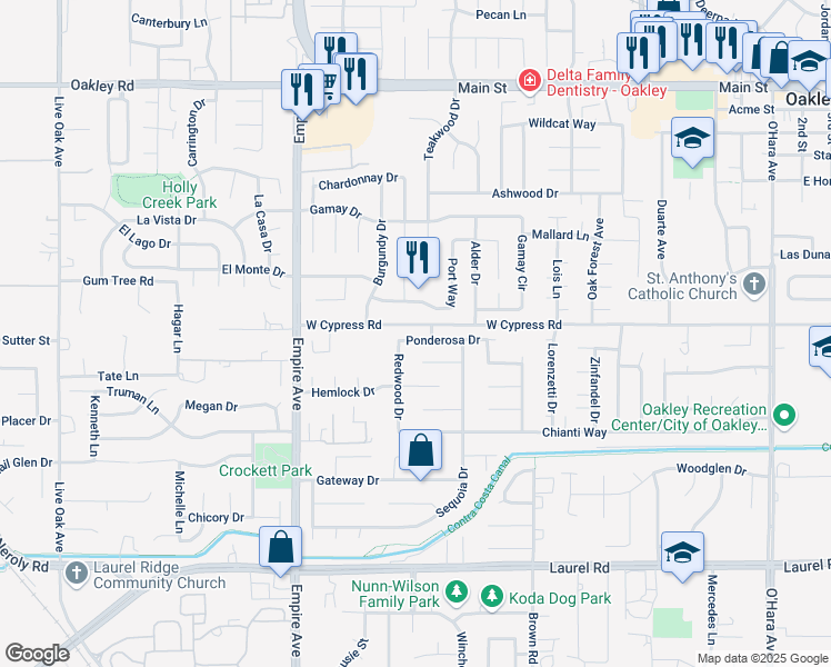 map of restaurants, bars, coffee shops, grocery stores, and more near 1770 Ponderosa Drive in Oakley