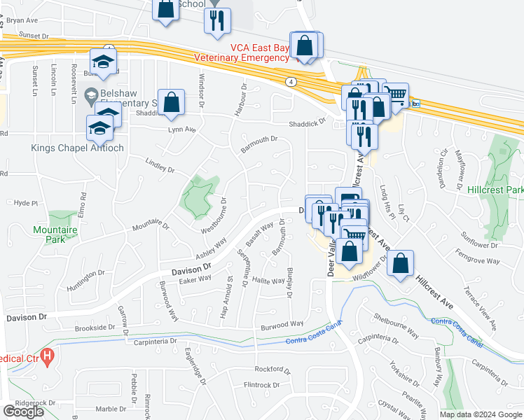 map of restaurants, bars, coffee shops, grocery stores, and more near 1108 Cardiff Court in Antioch