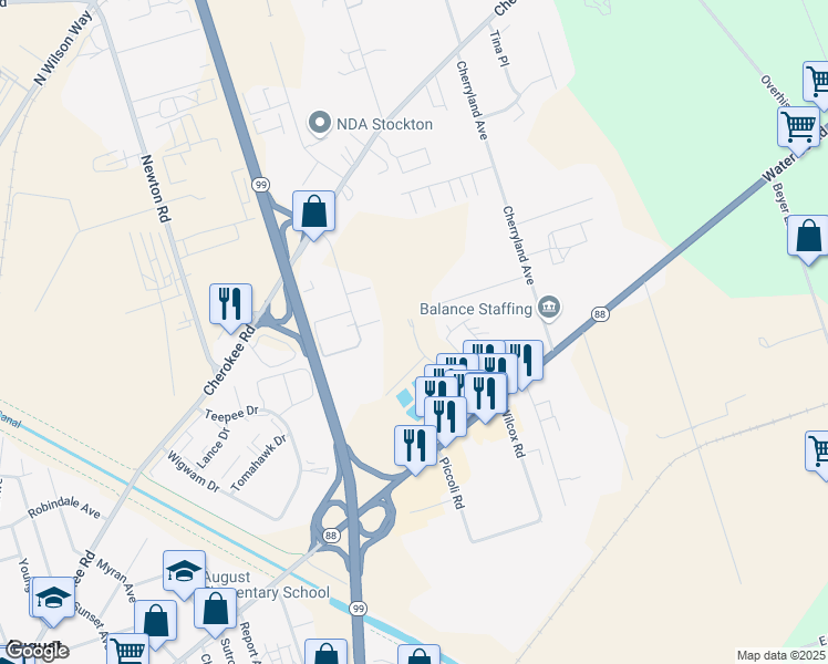 map of restaurants, bars, coffee shops, grocery stores, and more near Wilcox Road in Stockton