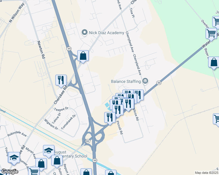 map of restaurants, bars, coffee shops, grocery stores, and more near Wilcox Road in Stockton