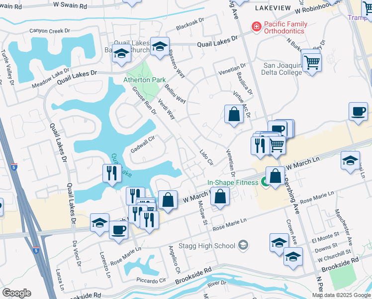 map of restaurants, bars, coffee shops, grocery stores, and more near 4976 Grouse Run Drive in Stockton