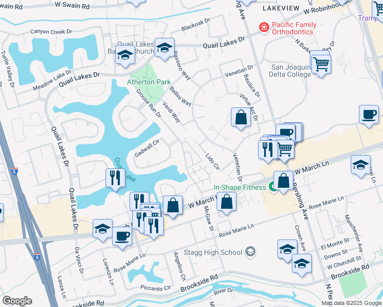 map of restaurants, bars, coffee shops, grocery stores, and more near 4926 Grouse Run Drive in Stockton