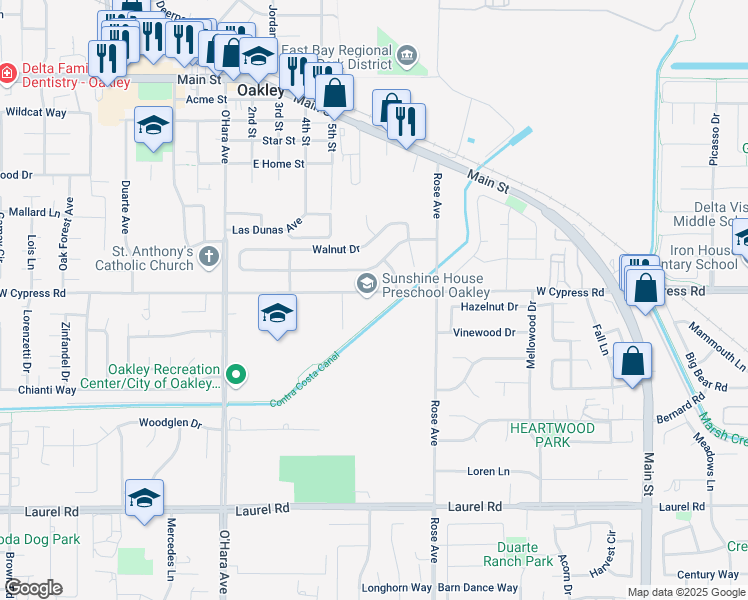 map of restaurants, bars, coffee shops, grocery stores, and more near 2 Almond Place in Oakley