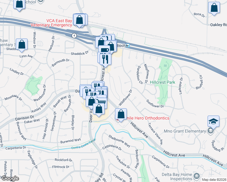 map of restaurants, bars, coffee shops, grocery stores, and more near 2778 Lily Court in Antioch