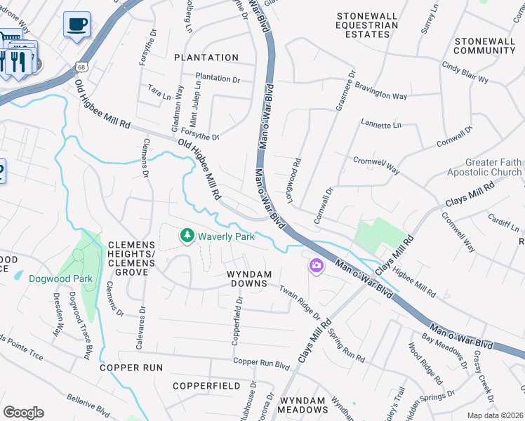 map of restaurants, bars, coffee shops, grocery stores, and more near 1401 Scarlett Way in Lexington