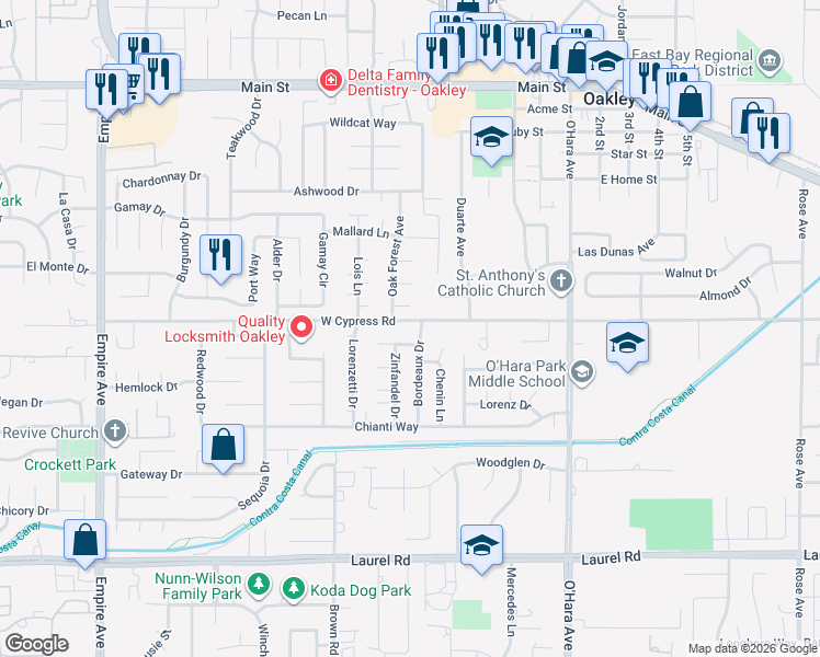 map of restaurants, bars, coffee shops, grocery stores, and more near 1433 West Cypress Road in Oakley