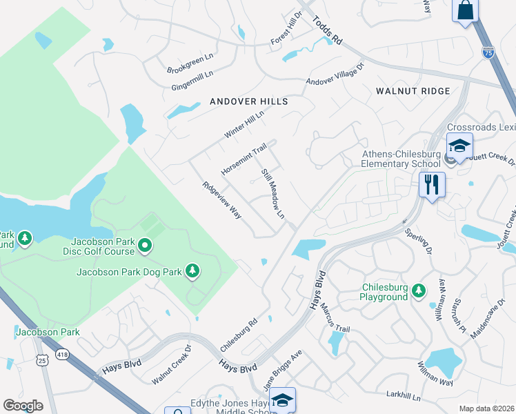 map of restaurants, bars, coffee shops, grocery stores, and more near 508 Mist Flower Lane in Lexington