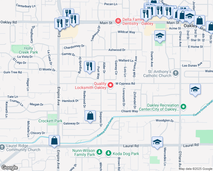 map of restaurants, bars, coffee shops, grocery stores, and more near 1640 Ponderosa Drive in Oakley