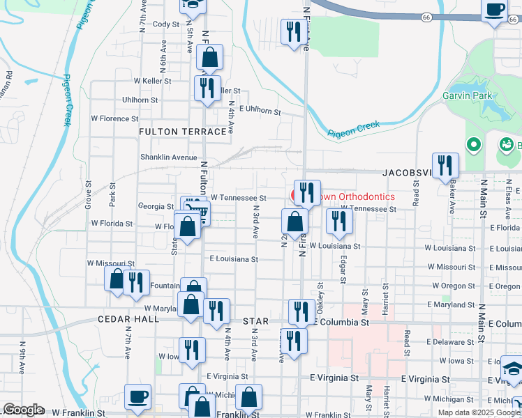 map of restaurants, bars, coffee shops, grocery stores, and more near 1327 North 3rd Avenue in Evansville