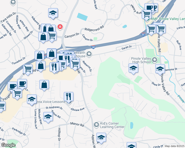map of restaurants, bars, coffee shops, grocery stores, and more near 1651 Michael Drive in Pinole