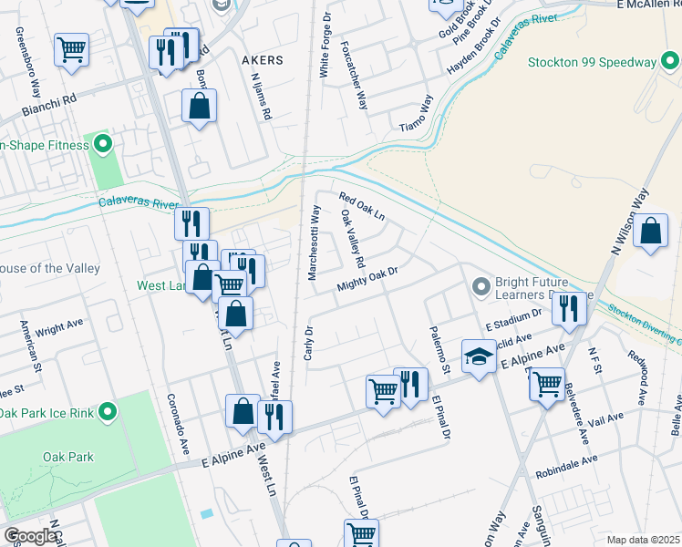 map of restaurants, bars, coffee shops, grocery stores, and more near 3886 Trieste Circle in Stockton
