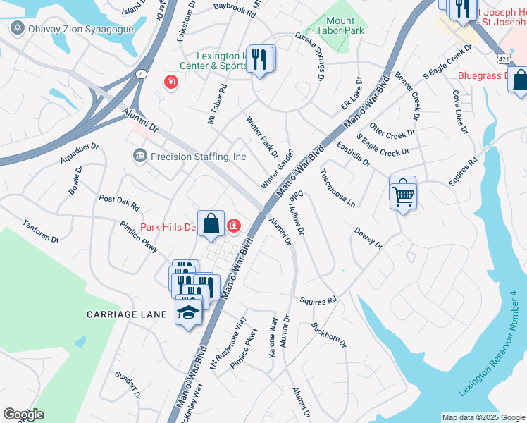 map of restaurants, bars, coffee shops, grocery stores, and more near Man o' War Blvd & Alumni Dr in Lexington