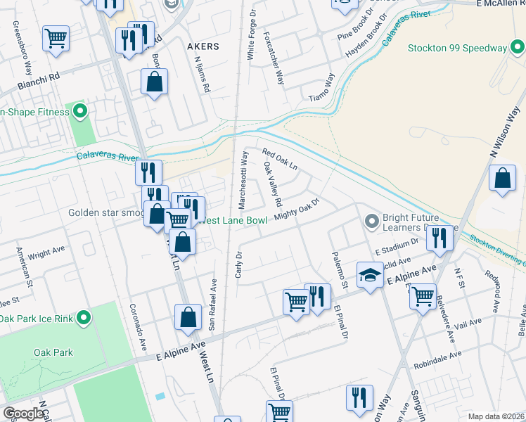 map of restaurants, bars, coffee shops, grocery stores, and more near 3886 Trieste Circle in Stockton