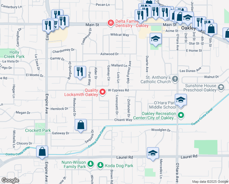 map of restaurants, bars, coffee shops, grocery stores, and more near 42 Flori Court in Oakley