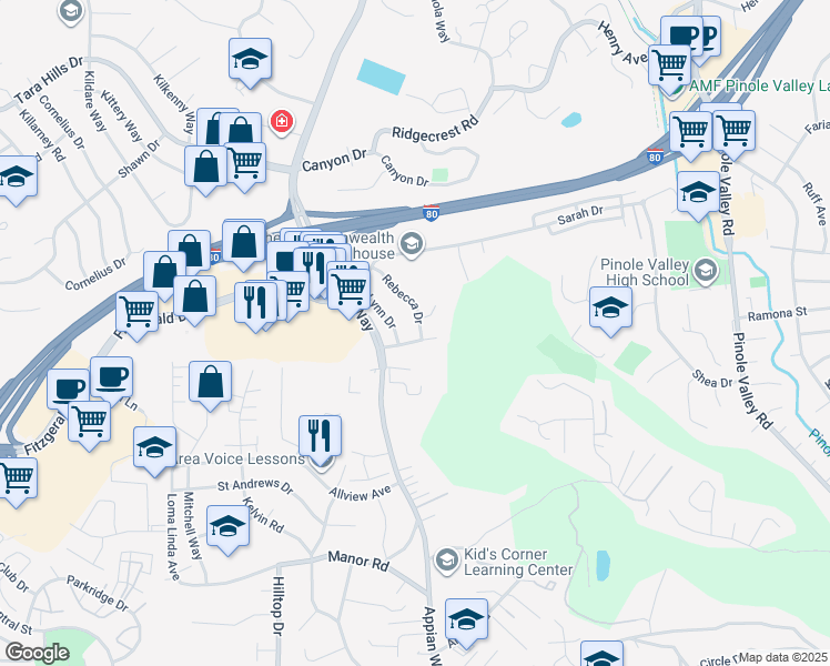 map of restaurants, bars, coffee shops, grocery stores, and more near 2594 Rebecca Drive in Pinole