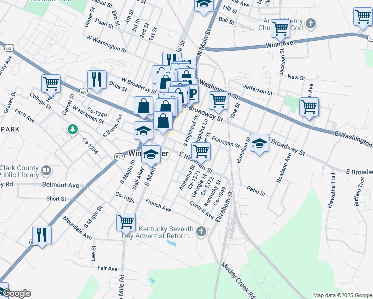 map of restaurants, bars, coffee shops, grocery stores, and more near 125 South Highland Street in Winchester
