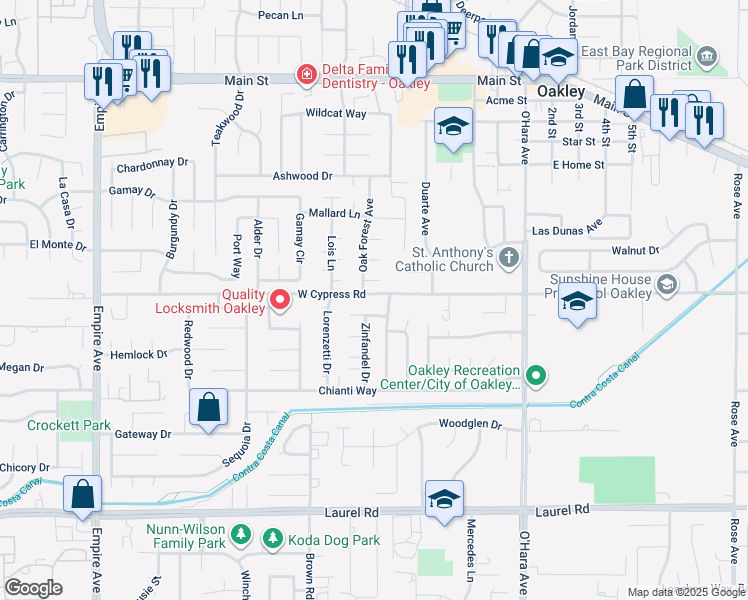 map of restaurants, bars, coffee shops, grocery stores, and more near 1433 West Cypress Road in Oakley